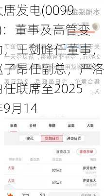 大唐发电(00991)：董事及高管变动，王剑峰任董事，赵子昂任副总，严洛钧任联席至2025年9月14
